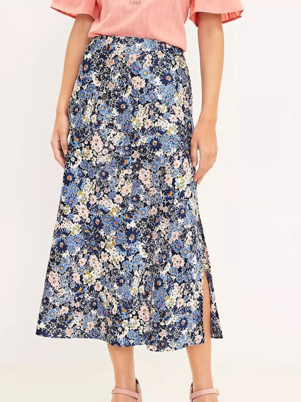 Loft Blue Floral Print Satin Midi Skirt